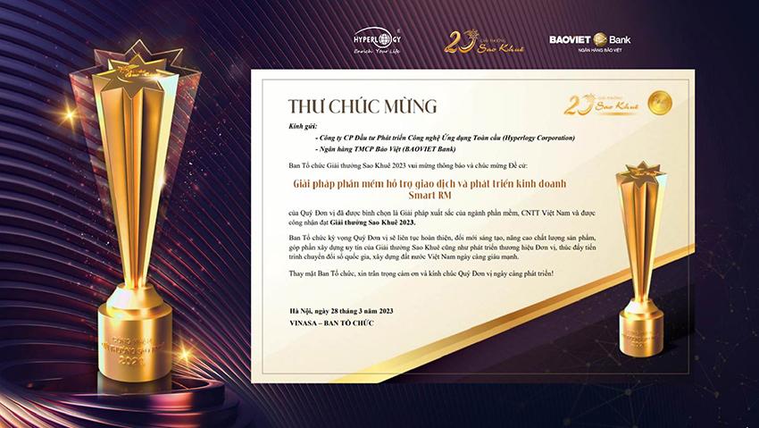 Web Congratulations letter to Hyperlogy and BAOVIET Bank receiving Sao Khue Award 2023
