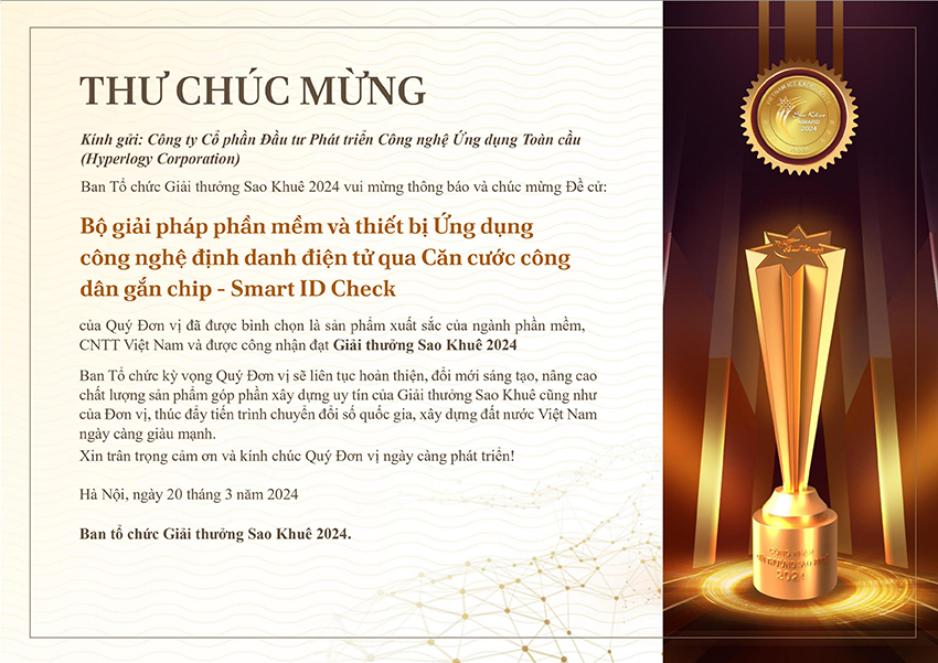 Thư chúc mừng thành công của Smart ID Check tại Sao Khuê 2024