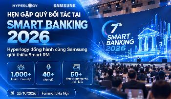 Banner for the 7th Smart Banking 2026 conference with Samsung and Hyperlogy, blue futuristic design, audience on stage, 22/10/2026 at Fairmont Hanoi.